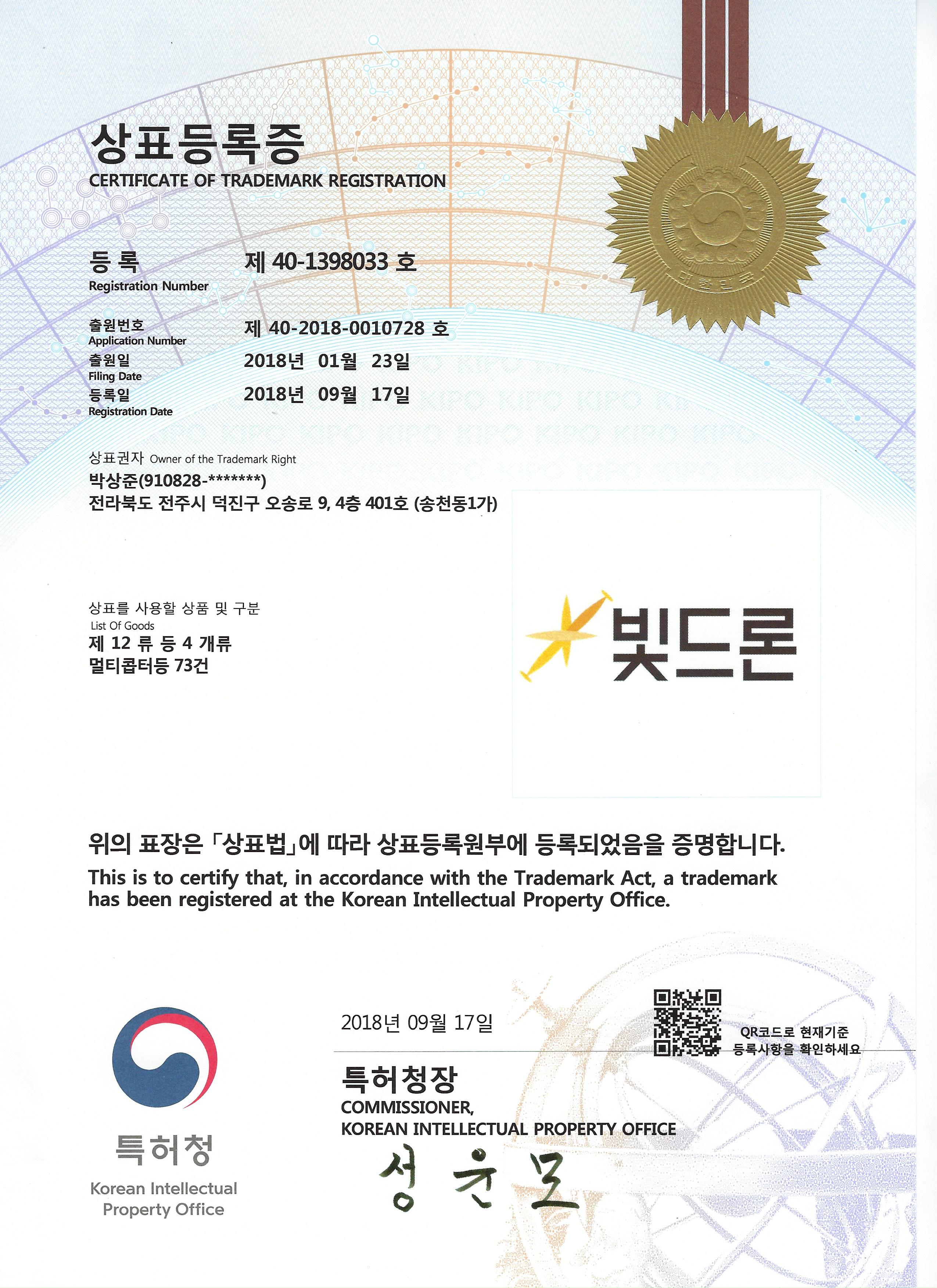 BIT-DRONE trademark registration certificate